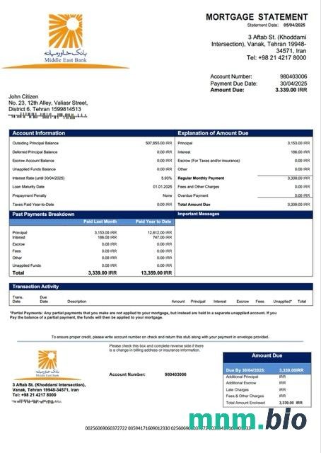 Iran Bank Middle East wyciąg z kredytu hipotecznego szablon Word i PDF